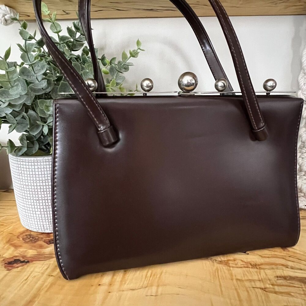 VTG Burgundy Brown Frame Bag Top Handle Retro 50s 60s Office Purse Dark Academia